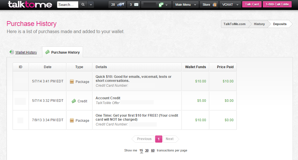 TalkToMe.com's Purchase History Page.